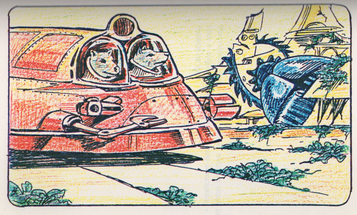 The vehicle is crossing the city which is deserted, overrun with dust and vegetation. There are huge vegetal jelly-fish ; lots of beetles as big as motor-cars ; and ruins.